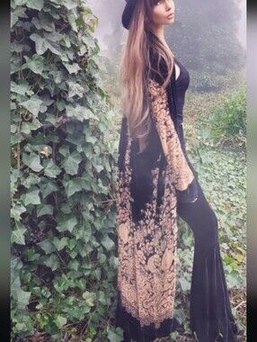 Heida Abra Isadora Opera Coat Bohemian Black & Tan Silk Burnout Duster Robe